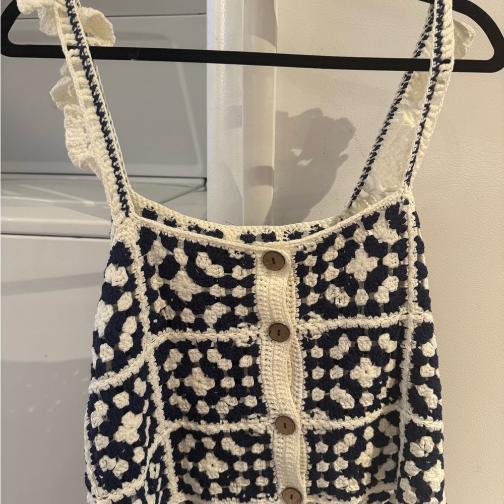 Vici Crochet Knit Top in Navy and Cream